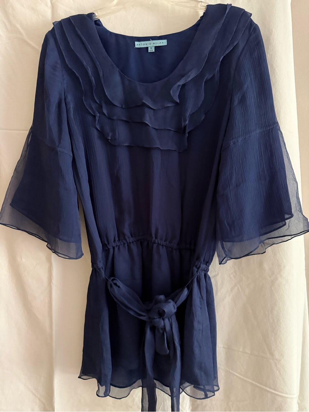 Antonio Melani Navy Ruffle Neck Chiffon Top